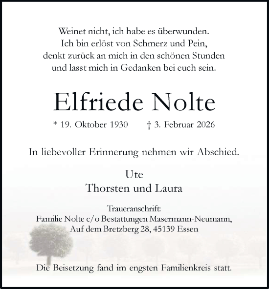 Traueranzeige von Elfriede Nolte von Tageszeitung