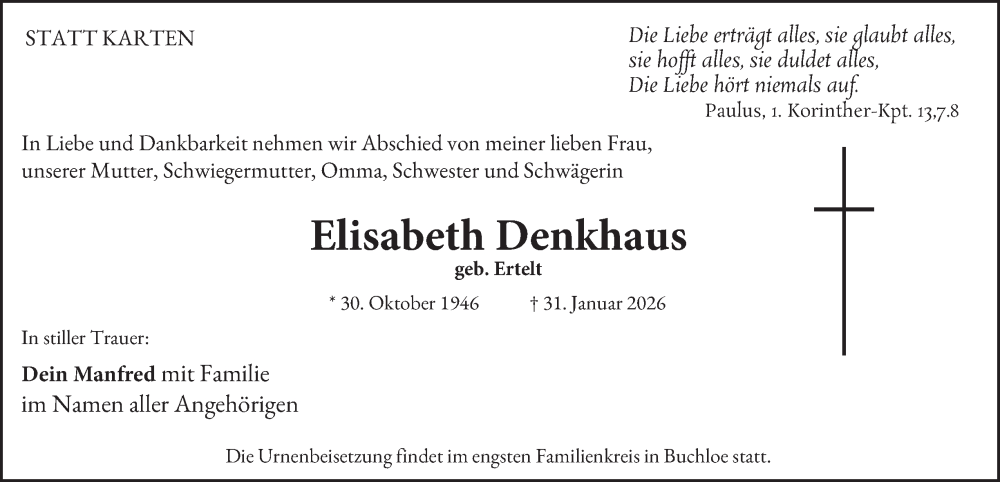  Traueranzeige für Elisabeth Denkhaus vom 07.02.2026 aus Tageszeitung