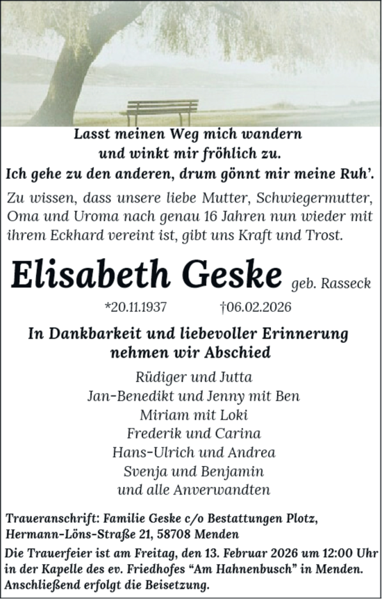Traueranzeige von Elisabeth Geske von Tageszeitung