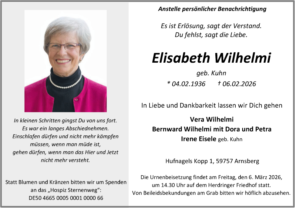  Traueranzeige für Elisabeth Wilhelmi vom 21.02.2026 aus Tageszeitung