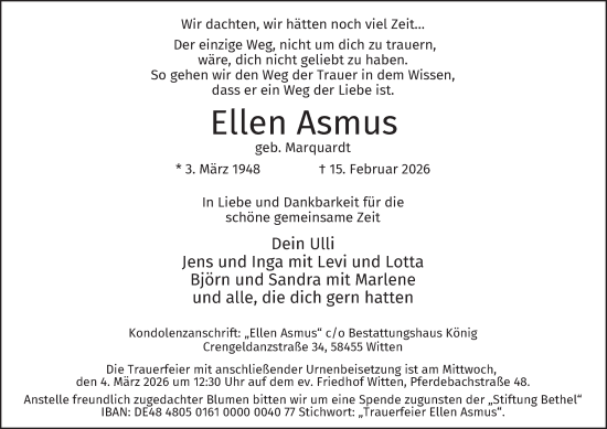 Traueranzeige von Ellen Asmus von Tageszeitung