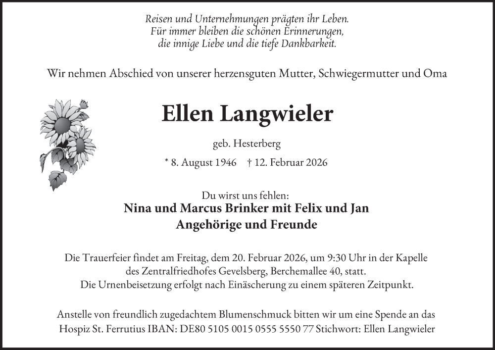  Traueranzeige für Ellen Langwieler vom 18.02.2026 aus Tageszeitung