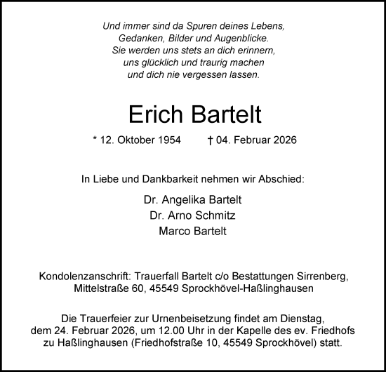 Traueranzeige von Erich Bartelt von Tageszeitung