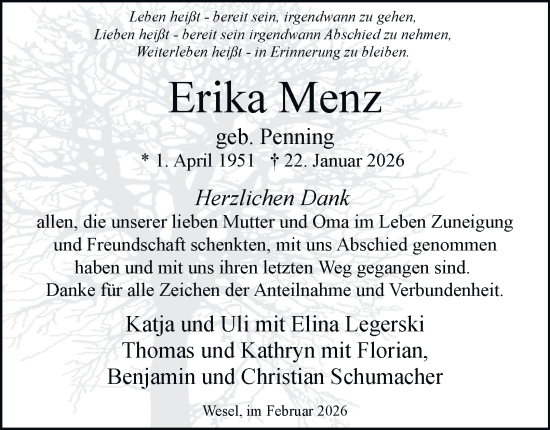 Traueranzeige von Erika Menz von Tageszeitung