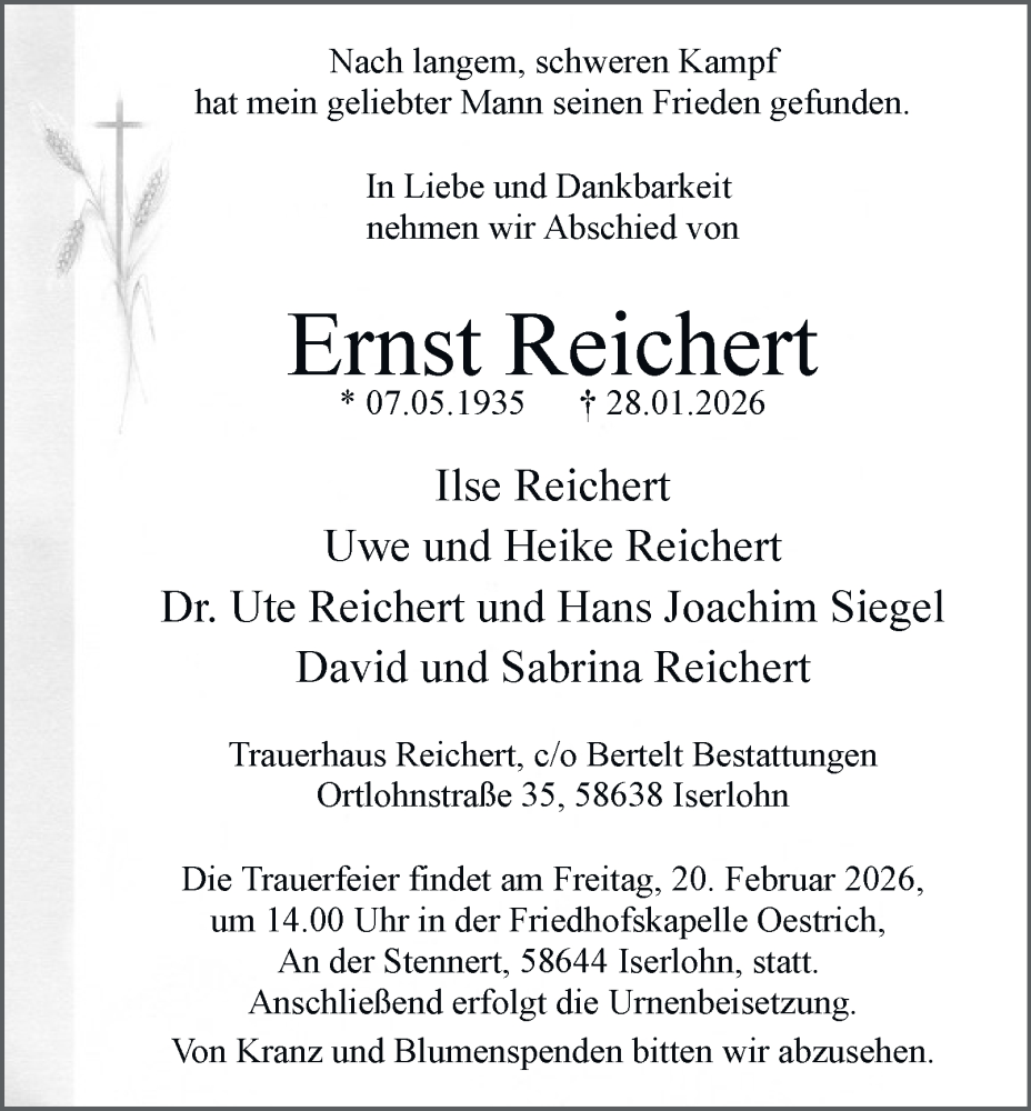  Traueranzeige für Ernst Reichert vom 14.02.2026 aus Tageszeitung