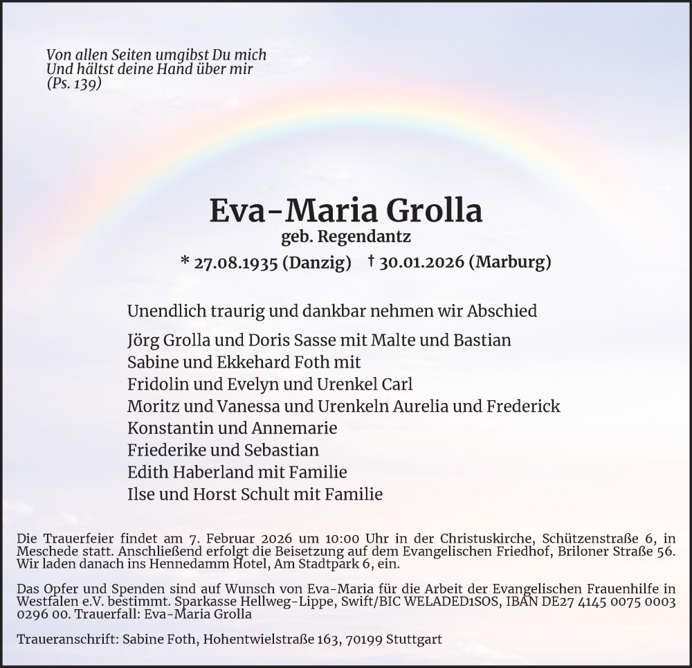  Traueranzeige für Eva-Maria Grolla vom 05.02.2026 aus Tageszeitung