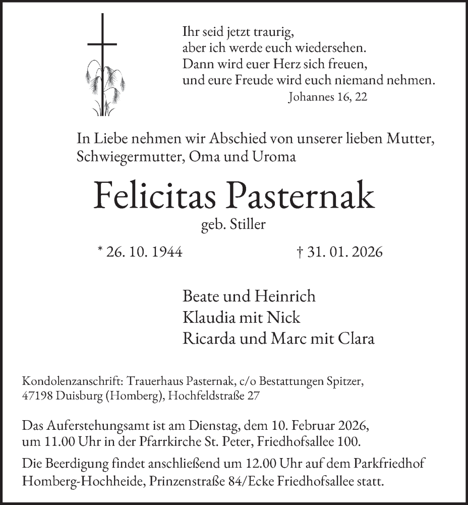  Traueranzeige für Felicitas Pasternak vom 07.02.2026 aus Tageszeitung