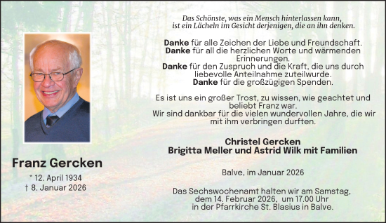 Traueranzeige von Franz Gercken von Tageszeitung