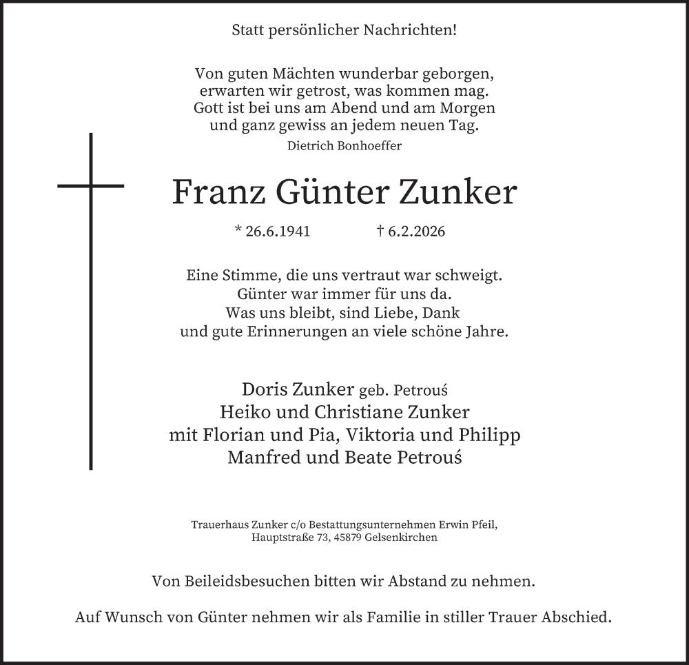 Traueranzeige für Franz Günter Zunker vom 14.02.2026 aus Tageszeitung