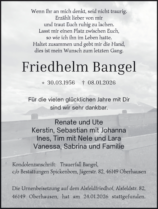 Traueranzeige von Friedhelm Bangel von Tageszeitung