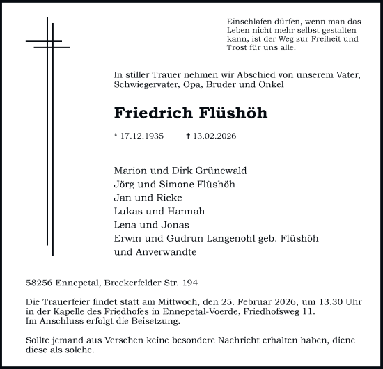 Traueranzeige von Friedrich Flüshöh von Tageszeitung