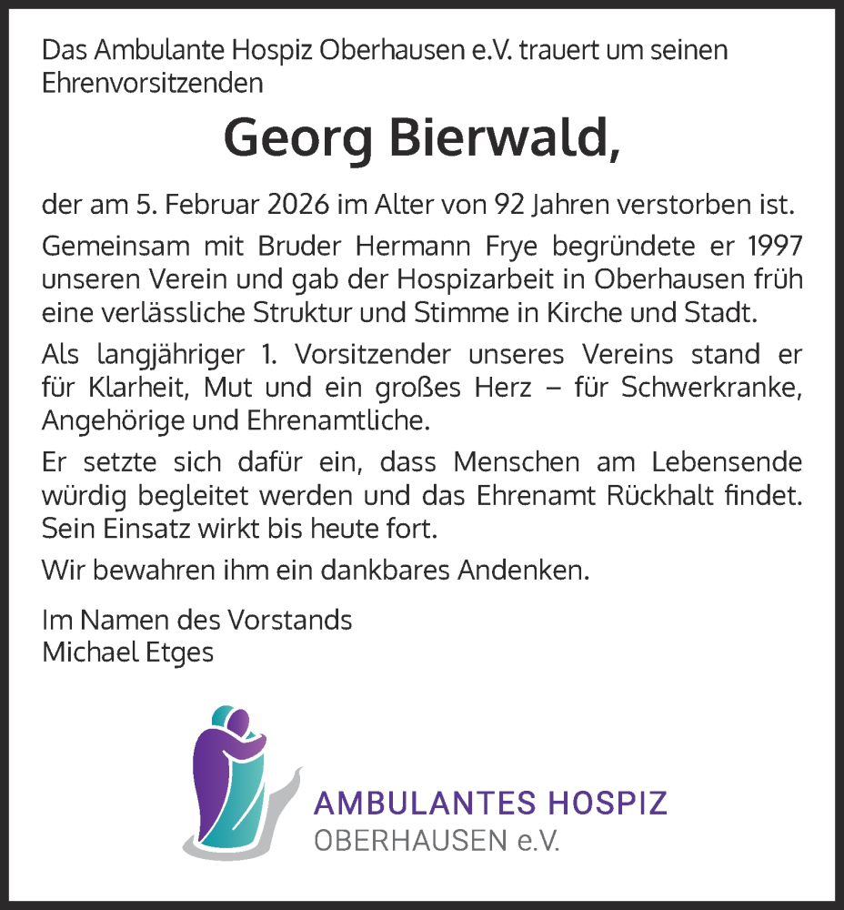  Traueranzeige für Georg Bierwald vom 14.02.2026 aus Tageszeitung