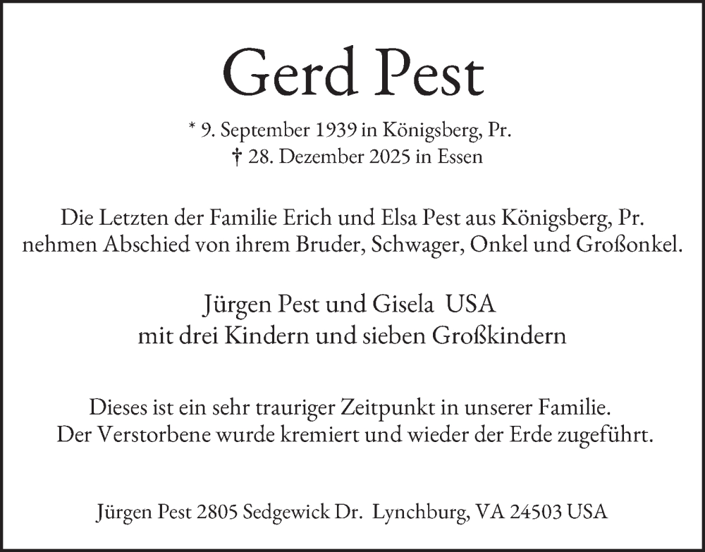  Traueranzeige für Gerd Pest vom 07.02.2026 aus Tageszeitung