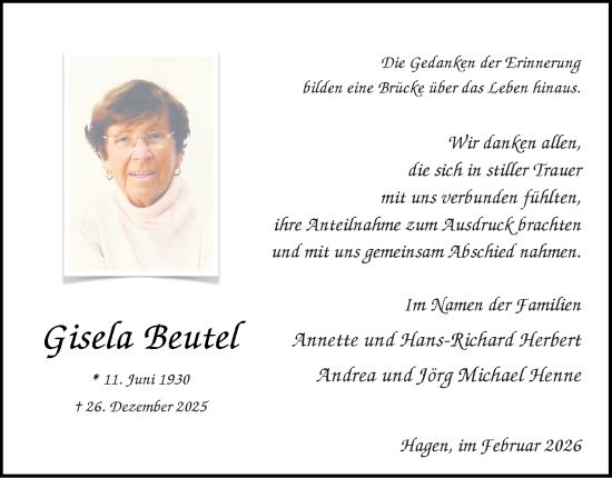 Traueranzeige von Gisela Beutel von Tageszeitung