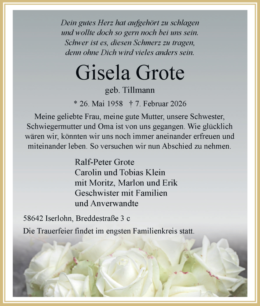  Traueranzeige für Gisela Grote vom 14.02.2026 aus Tageszeitung