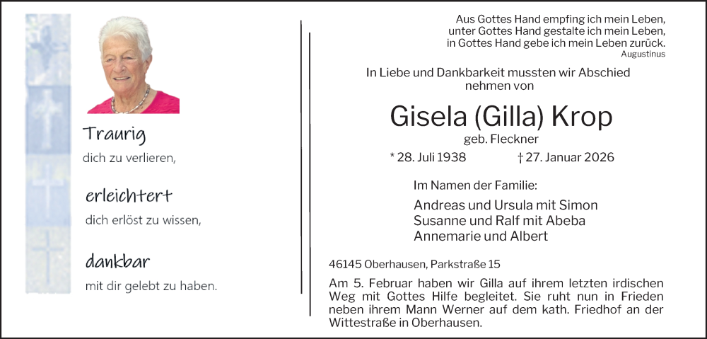  Traueranzeige für Gisela Krop vom 07.02.2026 aus Tageszeitung