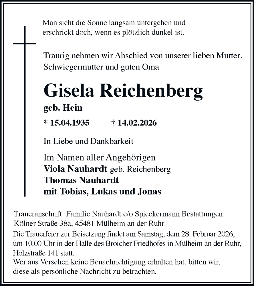  Traueranzeige für Gisela Reichenberg vom 21.02.2026 aus Tageszeitung