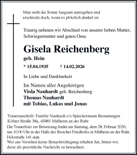Traueranzeige von Gisela Reichenberg von Tageszeitung