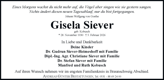 Traueranzeige von Gisela Siever von Tageszeitung