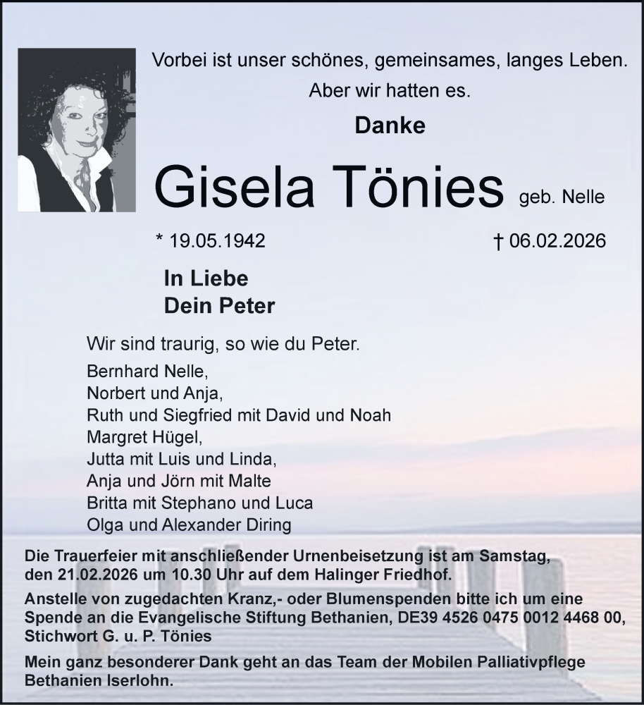  Traueranzeige für Gisela Tönies vom 14.02.2026 aus Tageszeitung
