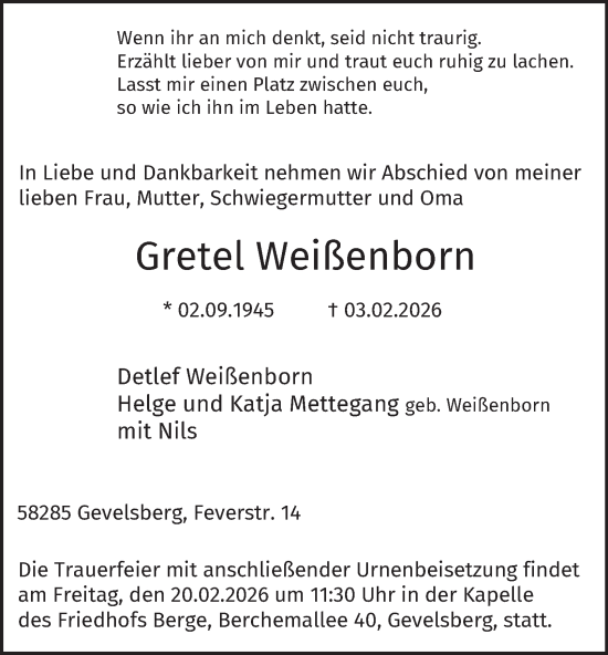Traueranzeige von Gretel Weißenborn von Tageszeitung