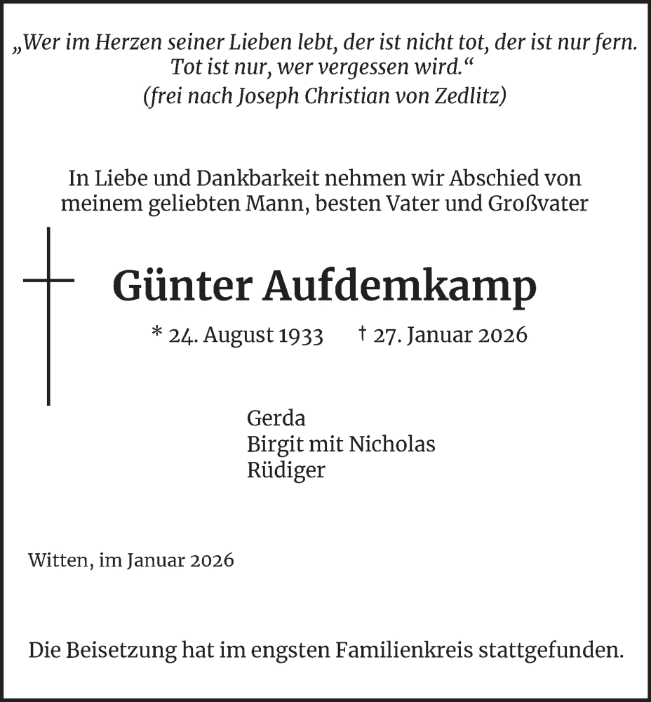  Traueranzeige für Günter Aufdemkamp vom 07.02.2026 aus Tageszeitung