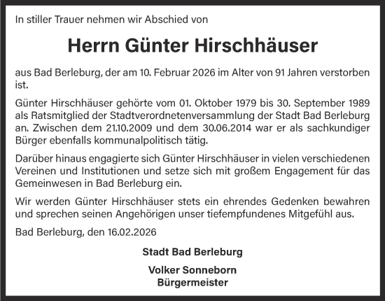 Traueranzeige von Günter Hirschhäuser von Tageszeitung