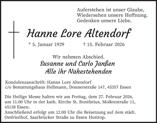 Traueranzeige von Hanne Lore Altendorf von Tageszeitung
