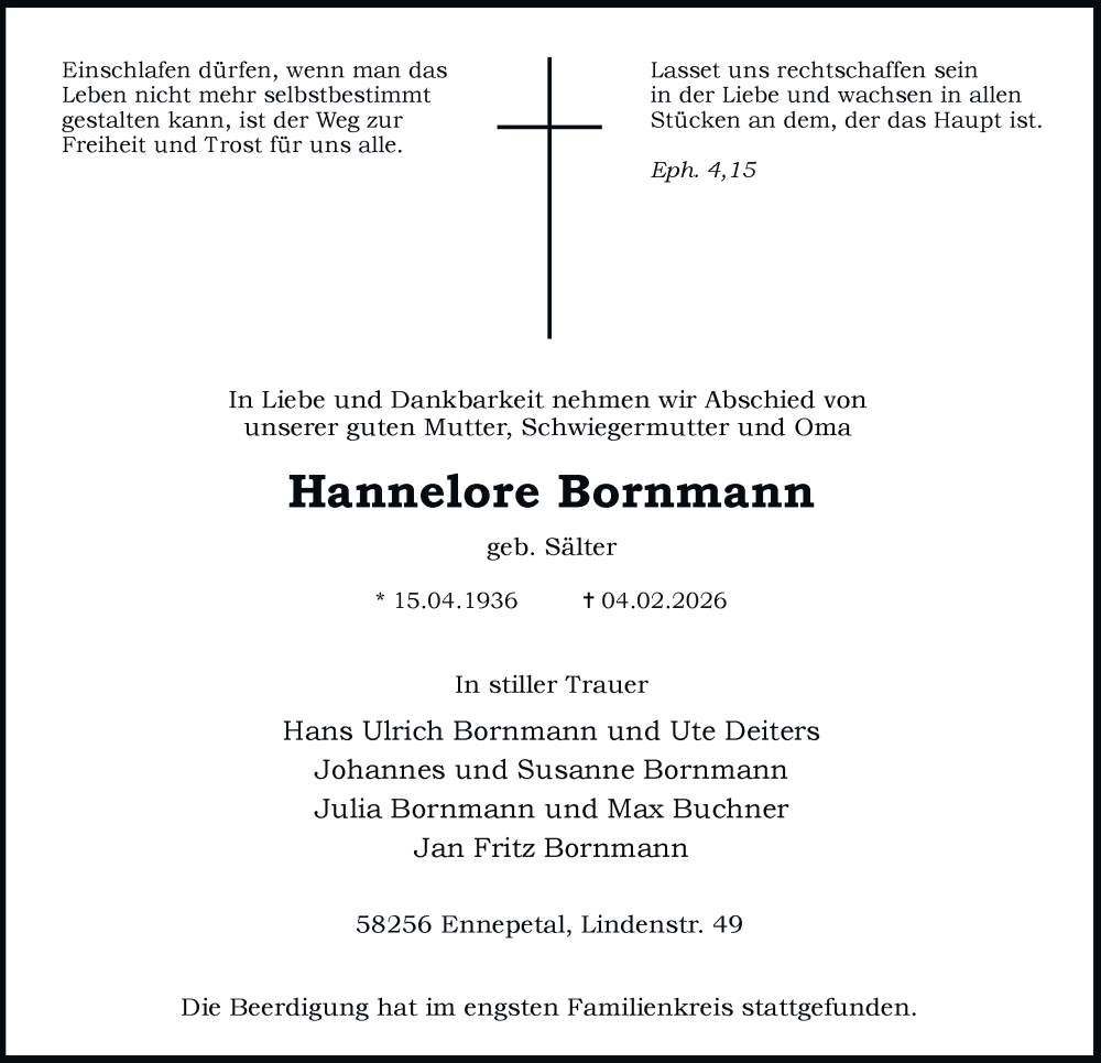  Traueranzeige für Hannelore Bornmann vom 14.02.2026 aus Tageszeitung