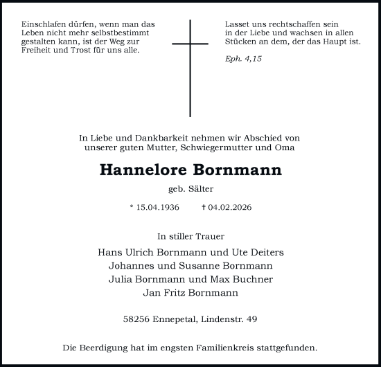 Traueranzeige von Hannelore Bornmann von Tageszeitung