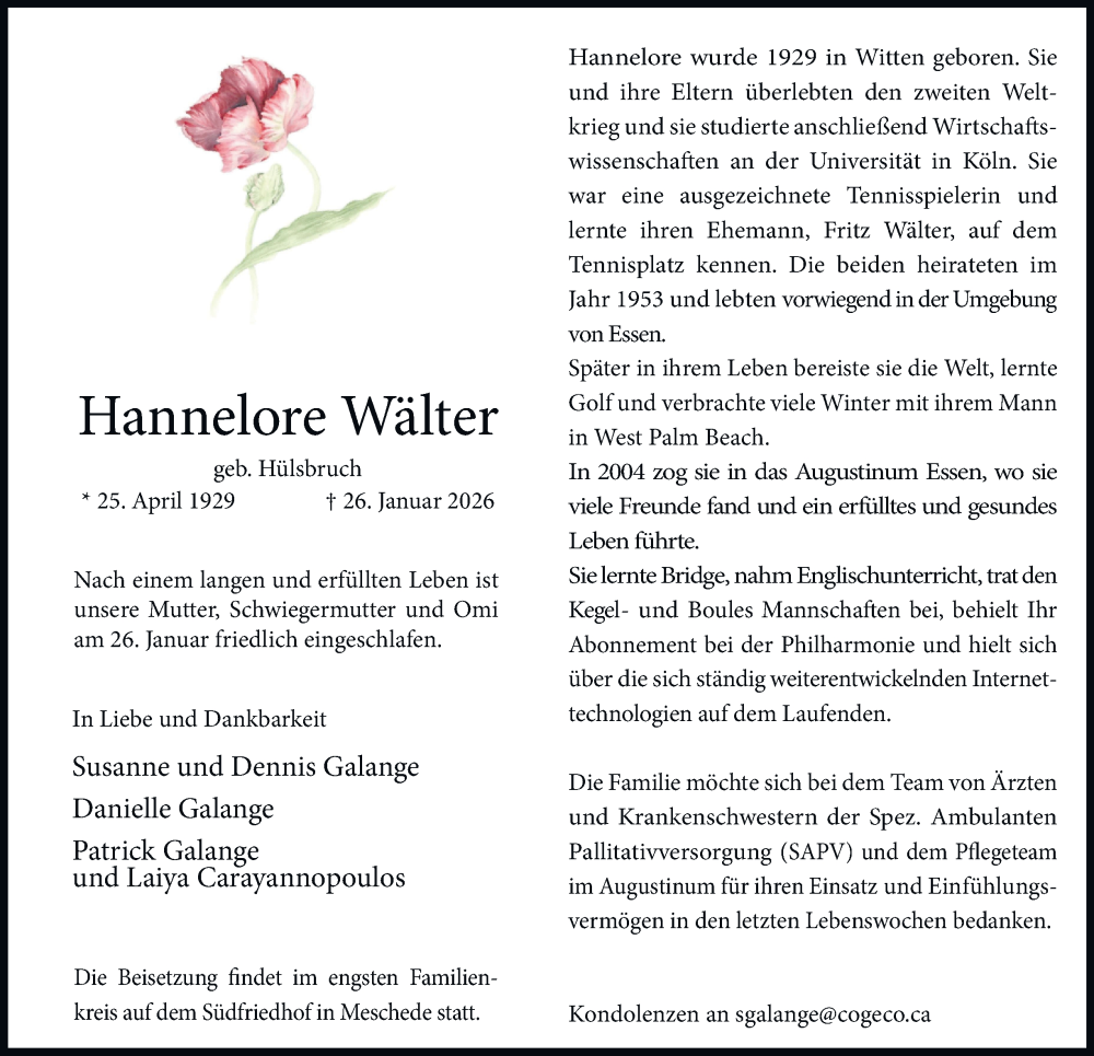  Traueranzeige für Hannelore Wälter vom 07.02.2026 aus Tageszeitung