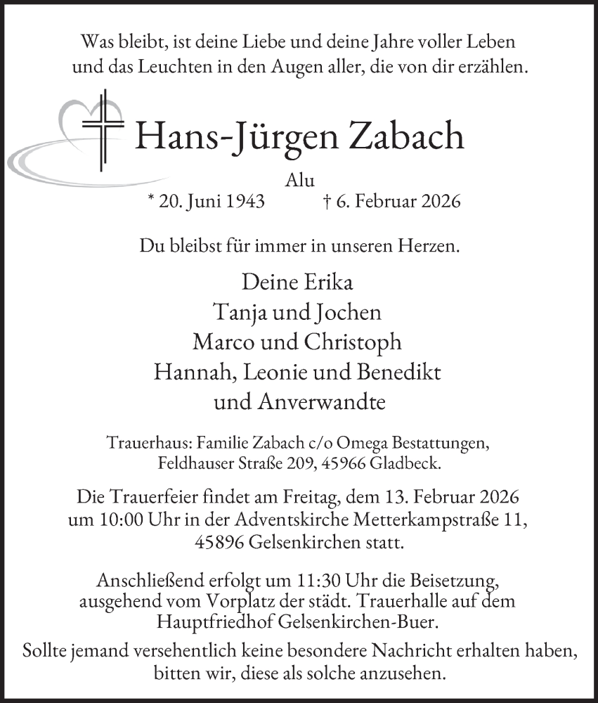  Traueranzeige für Hans-Jürgen Zabach vom 11.02.2026 aus Tageszeitung