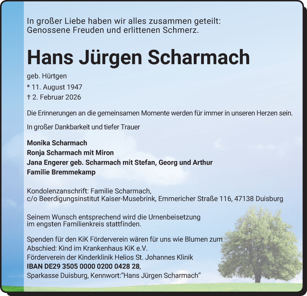  Traueranzeige für Hans Jürgen Scharmach vom 07.02.2026 aus Tageszeitung
