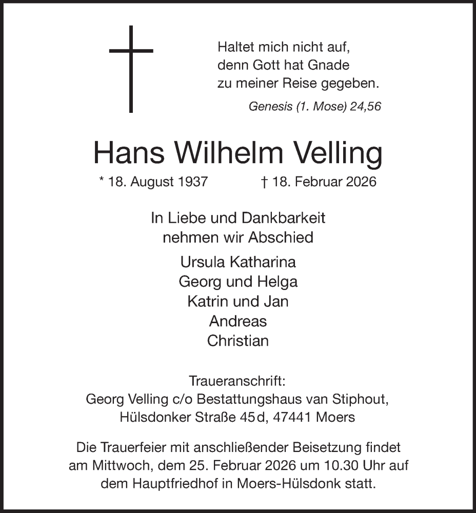  Traueranzeige für Hans Wilhelm Velling vom 21.02.2026 aus Tageszeitung
