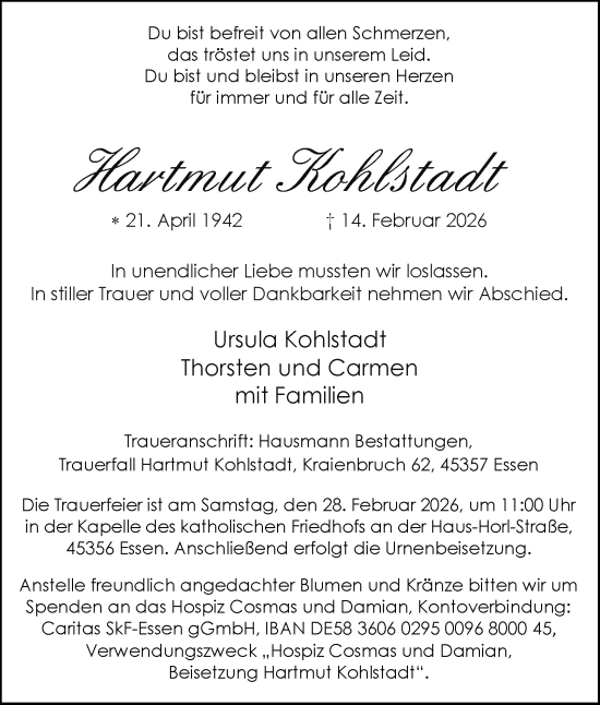 Traueranzeige von Hartmut Kohlstadt von Tageszeitung