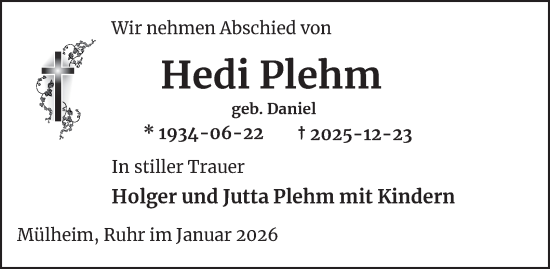 Traueranzeige von Hedi Plehm von Tageszeitung