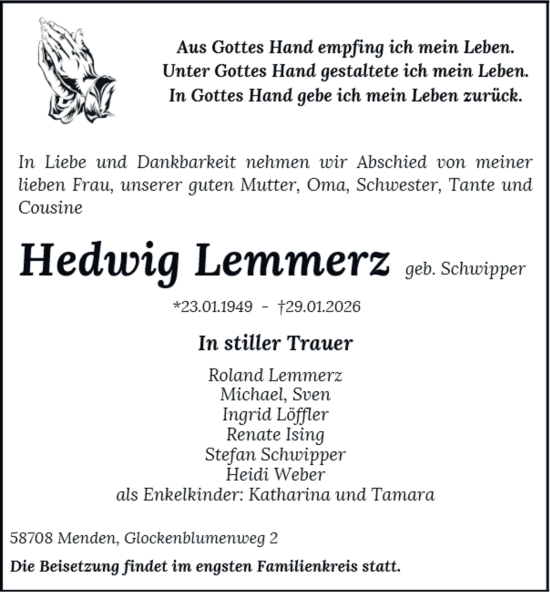 Traueranzeige von Hedwig Lemmerz von Tageszeitung