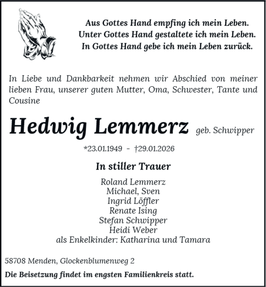  Traueranzeige für Hedwig Lemmerz vom 14.02.2026 aus Tageszeitung