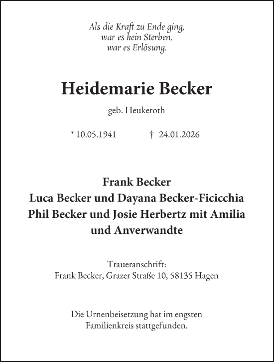 Traueranzeige von Heidemarie Becker von Tageszeitung