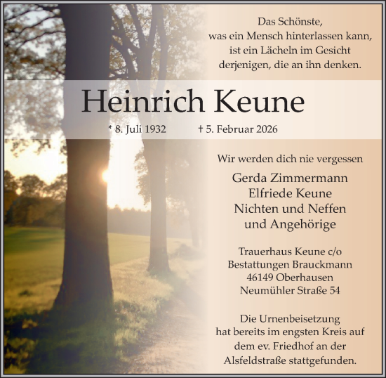 Traueranzeige von Heinrich Keune von Tageszeitung