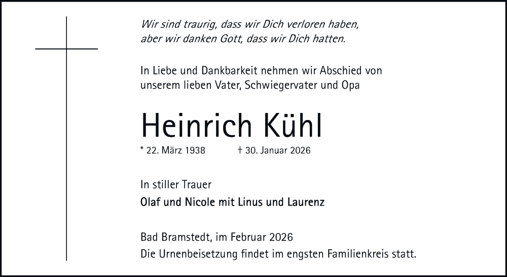  Traueranzeige für Heinrich Kühl vom 07.02.2026 aus Tageszeitung