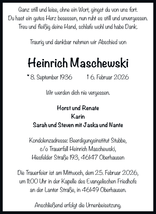 Traueranzeige von Heinrich Maschewski von Tageszeitung