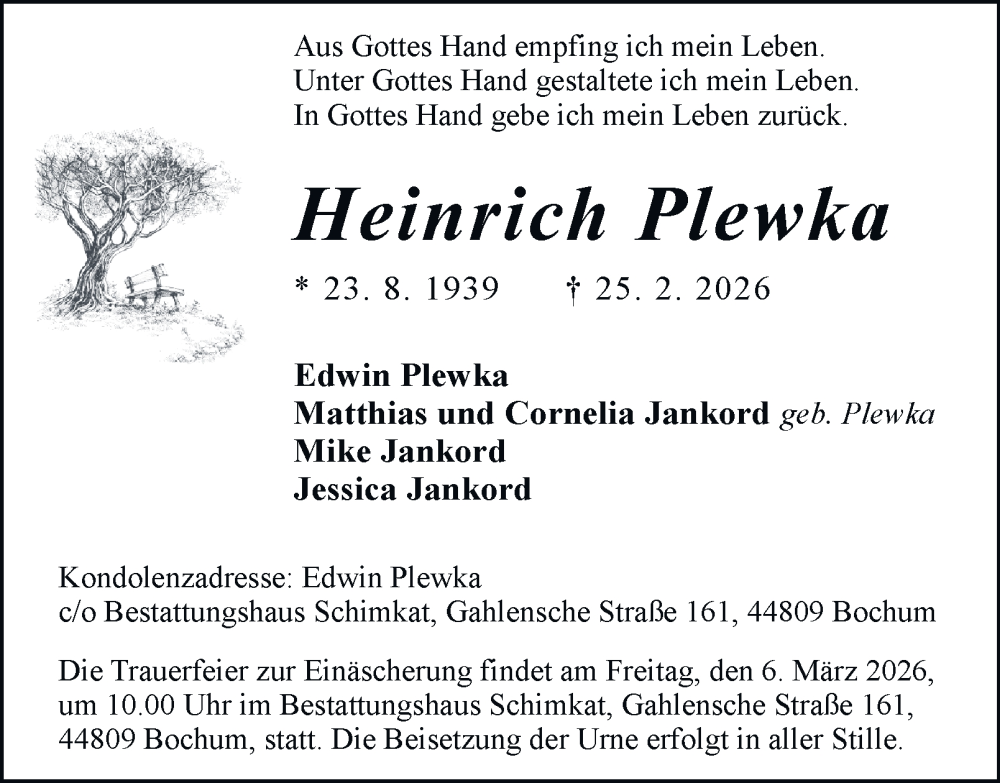  Traueranzeige für Heinrich Plewka vom 28.02.2026 aus Tageszeitung