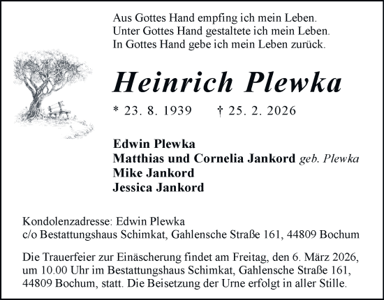 Traueranzeige von Heinrich Plewka von Tageszeitung