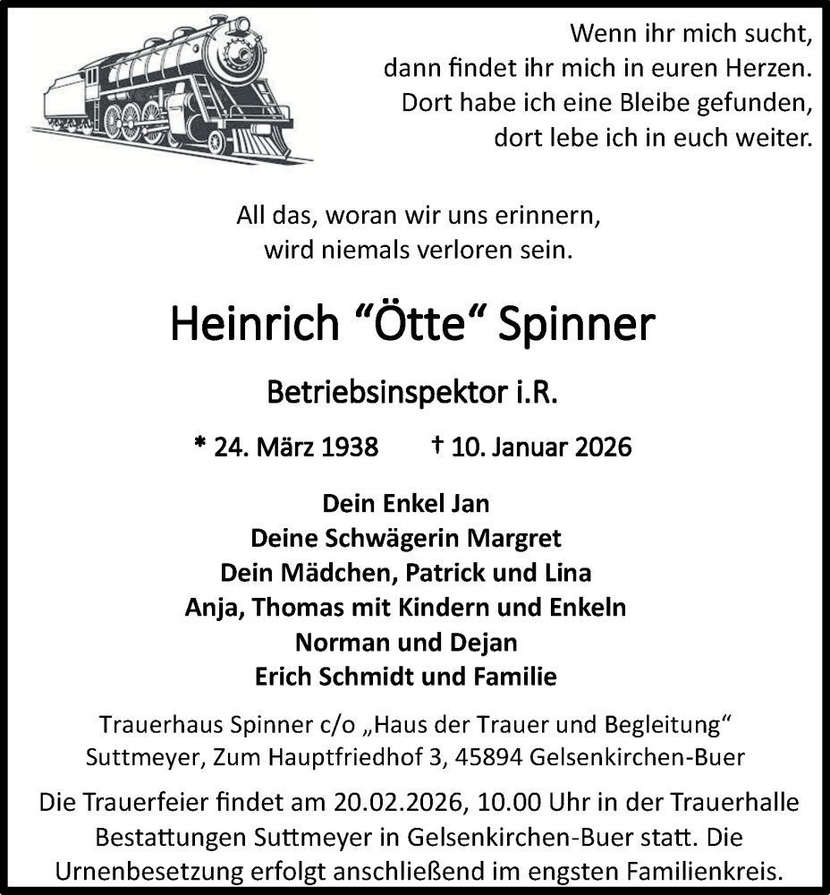  Traueranzeige für Heinrich Spinner vom 14.02.2026 aus Tageszeitung