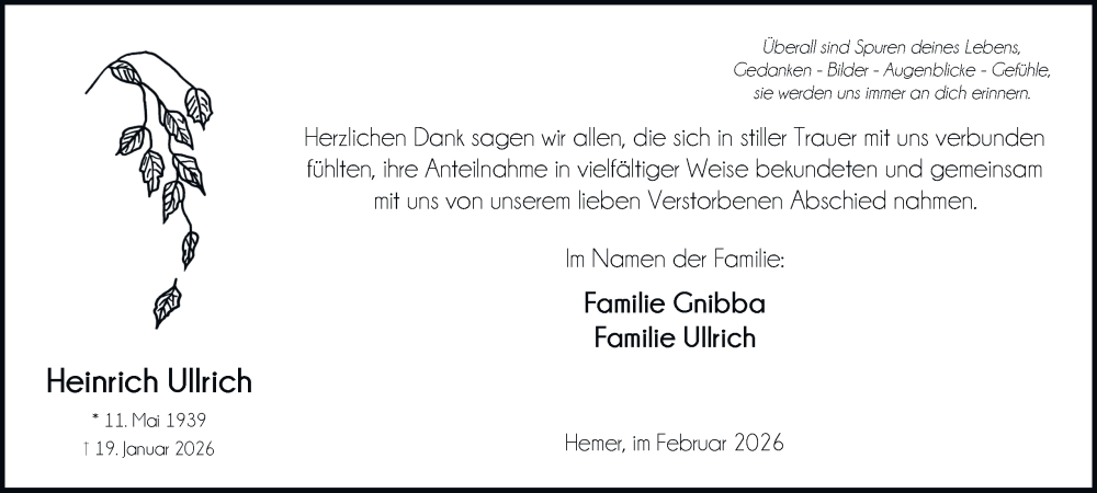  Traueranzeige für Heinrich Ullrich vom 14.02.2026 aus Tageszeitung