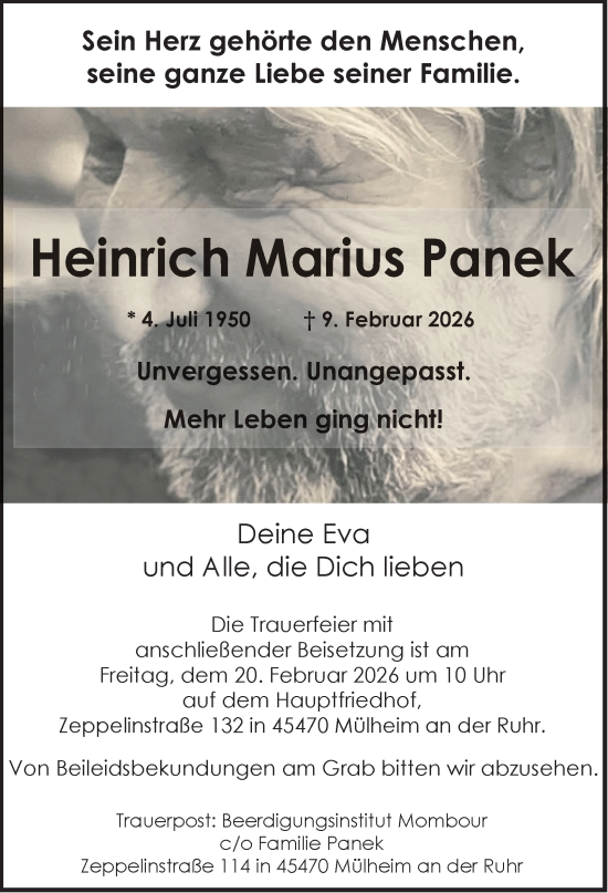 Traueranzeige von Heinrich Marius Panek von Tageszeitung