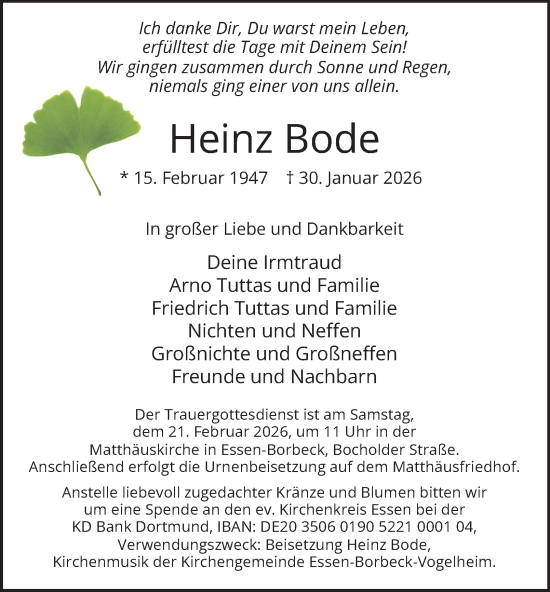 Traueranzeige von Heinz Bode von Tageszeitung
