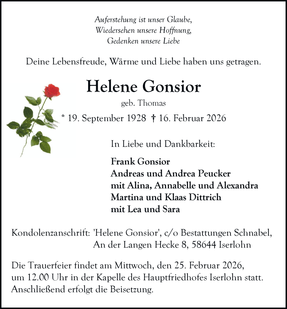  Traueranzeige für Helene Gonsior vom 21.02.2026 aus Tageszeitung
