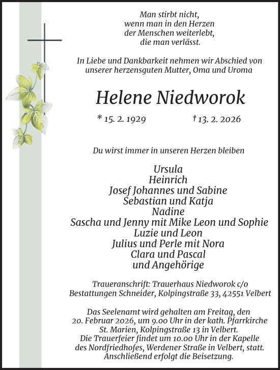 Traueranzeige von Helene Niedworok von Tageszeitung
